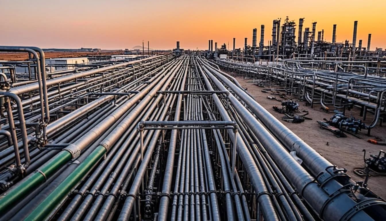 شبكة خطوط أنابيب فولاذية تمتد عبر المنطقة الصناعية عند الغسق