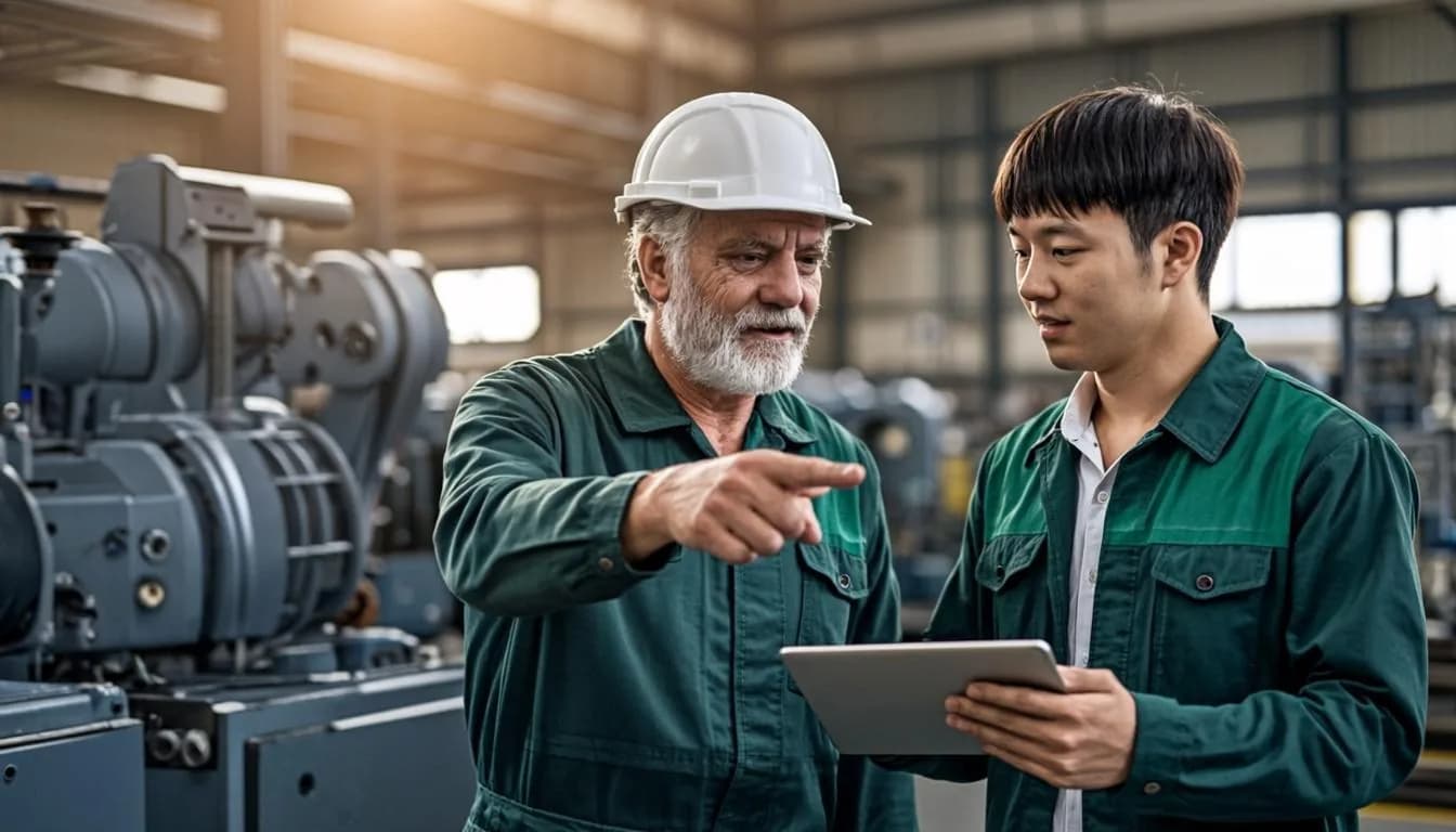 مهندس خبير يوجّه مهندسًا شابًا بجانب معدات بترولية داخل منشأة حديثة
